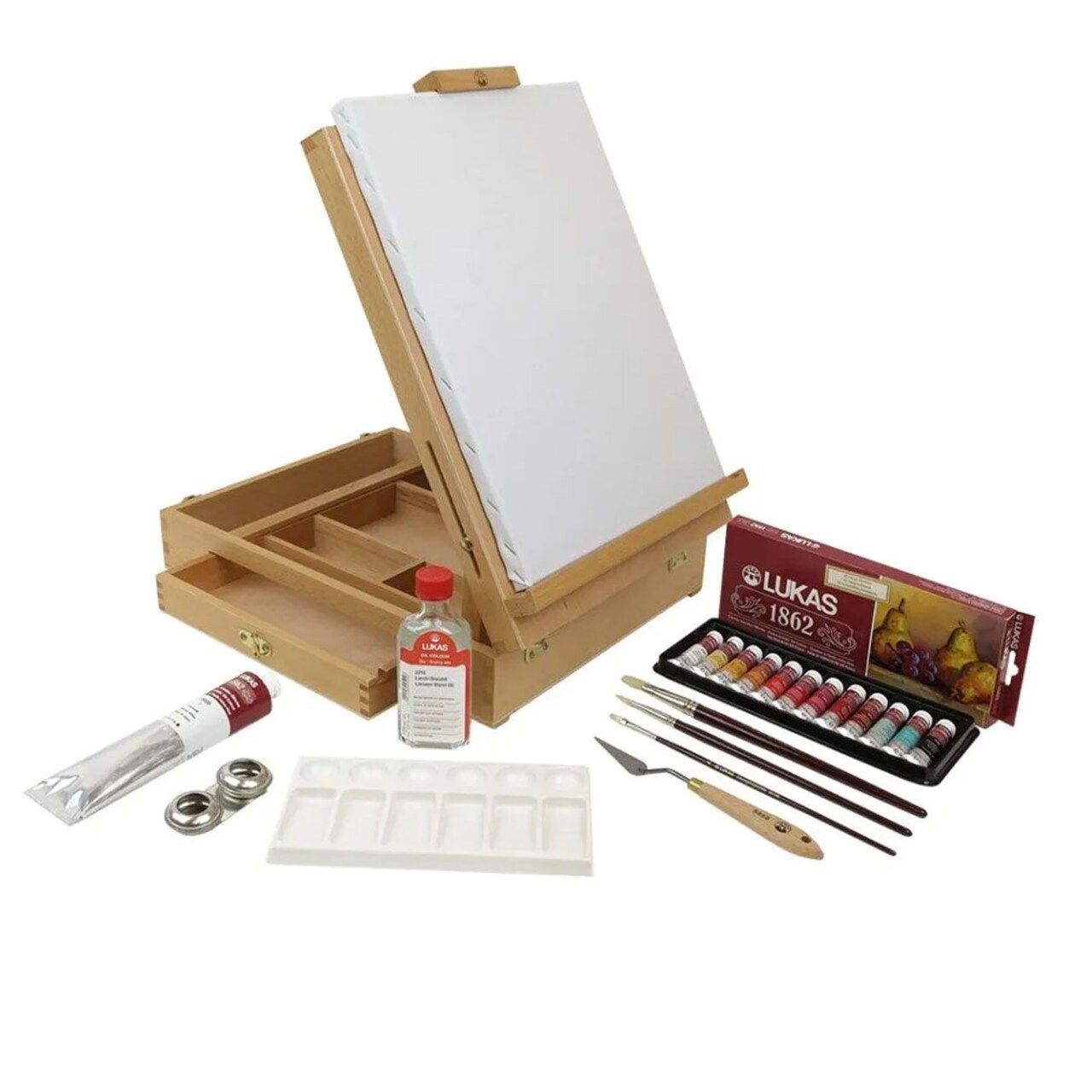 Lukas 1862 Oil Color Limited Edition Wood Box Easel Set -Professional Paint Set & Painting Kit for Adults -Includes Titanium White, 12 10ml Colors, Brushes, Palette, Canvas, & Linseed Stand Oil